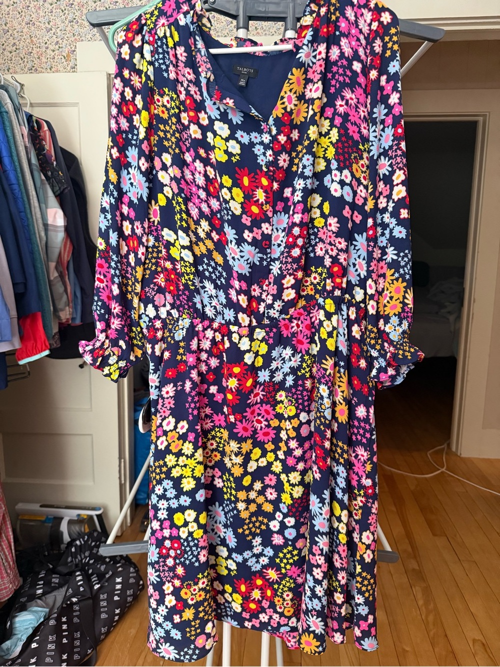 Talbots Navy Multicolor Floral Long-Sleeve Fit & Flare Dress